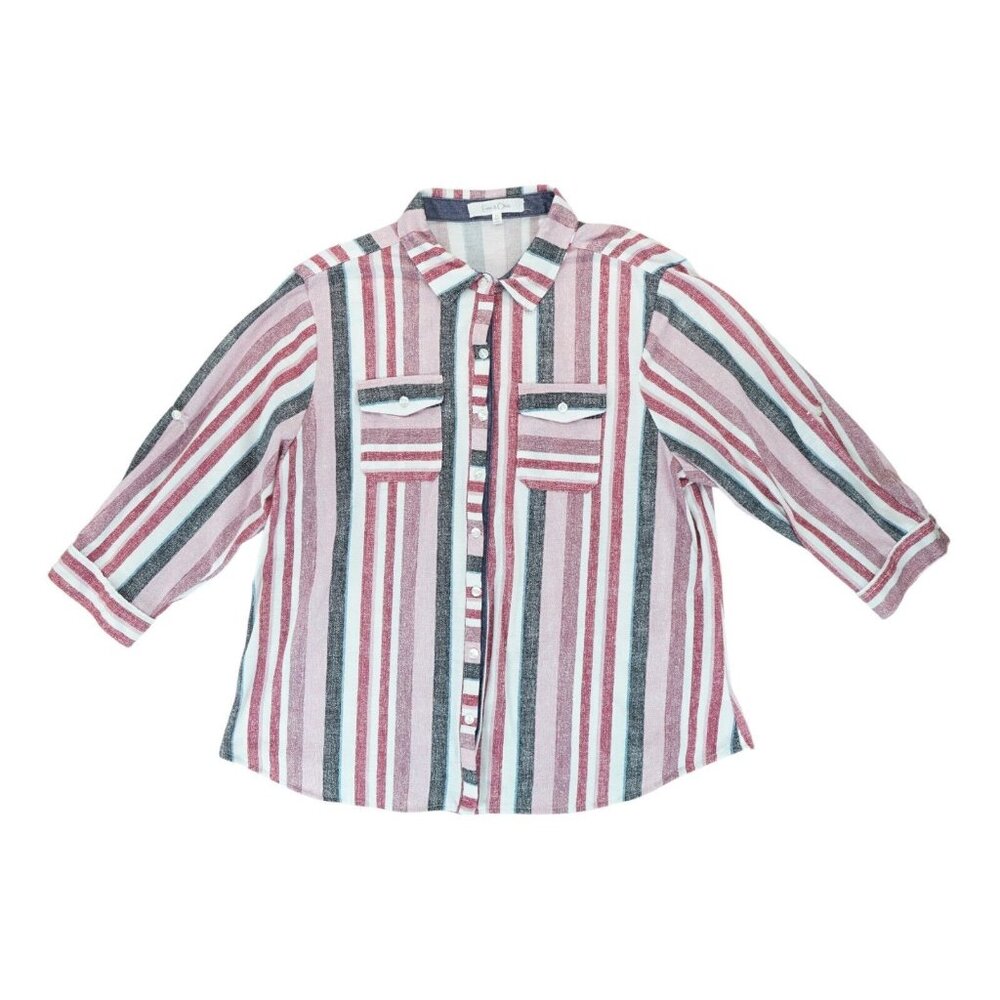 EDEN & OLIVIA Lightweight‎ Striped Button Down Roll Up Sleeve Shirt Size 2X